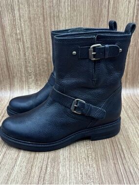 J. Crew Pebbled Leather Double Buckle Moto Biker Boots Black Silver Hardware 7